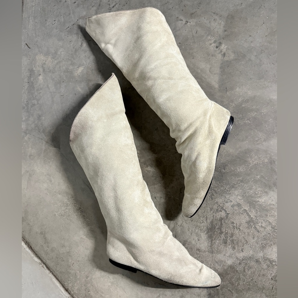 Vintage Connie Sport Calf Boots Women size 7 Ivory Leather Suede Low Heel Shoes